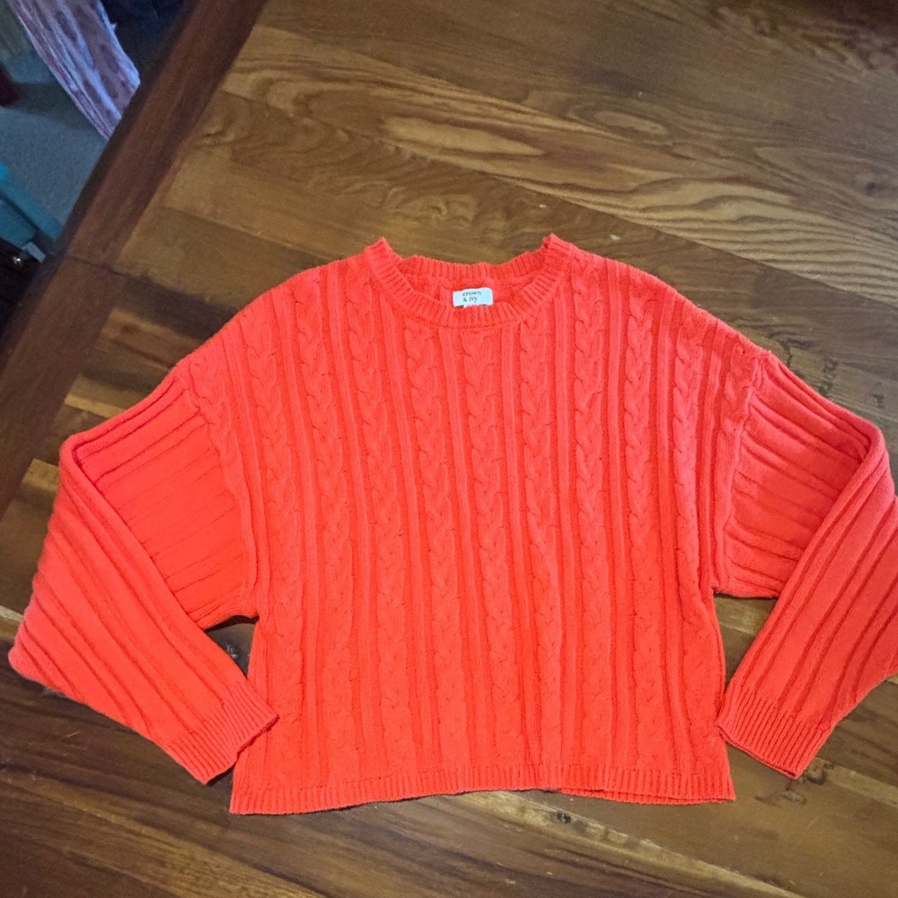 Crown & Ivy Women Orange Cable Knit Sweater Large Crew Neck Long Sleeve Pullover